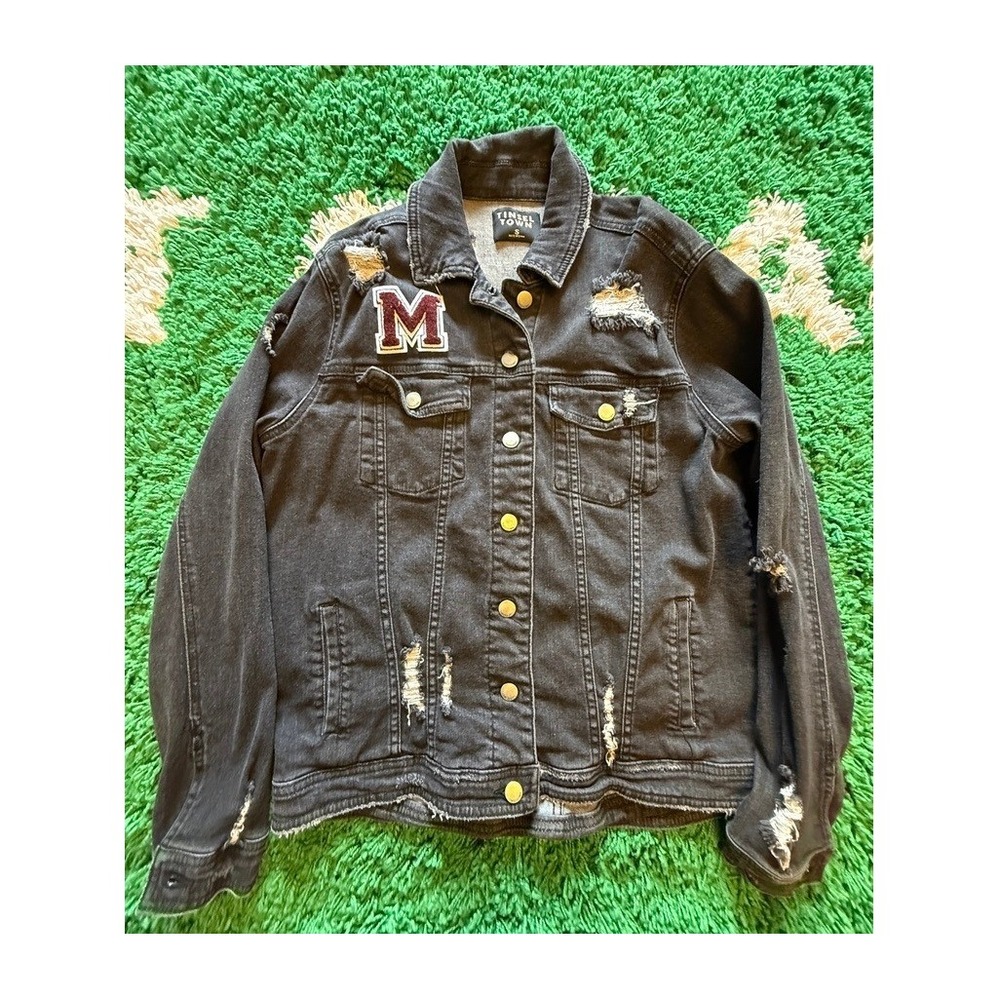 Tinsel Town‎ Denim Jacket Womens Small Black Excellent Distressed Varsity Patch
